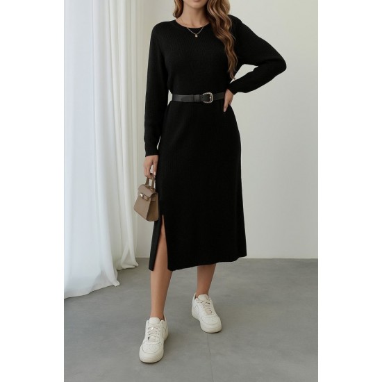 Kadın Uzun Kollu Bisiklet Yaka Yandan Yırtmaçlı Midi Triko Elbise , 28620 Kadın Uzun Kollu Bisiklet Yaka Yandan Yırtmaçlı Midi Triko Elbise , 28620