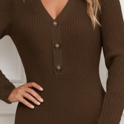 Kadın Uzun Kollu V Yakalı önden Düğmeli Kısa Triko Elbise , 28619 Kadın Uzun Kollu V Yakalı önden Düğmeli Kısa Triko Elbise , 28619