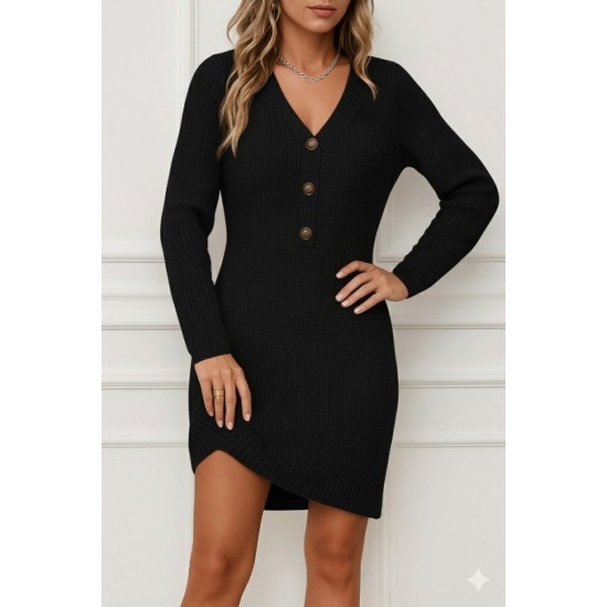 Kadın Uzun Kollu V Yakalı önden Düğmeli Kısa Triko Elbise , 28618 Kadın Uzun Kollu V Yakalı önden Düğmeli Kısa Triko Elbise , 28618