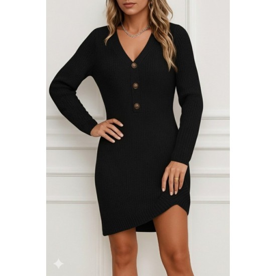 Kadın Uzun Kollu V Yakalı önden Düğmeli Kısa Triko Elbise , 28618 Kadın Uzun Kollu V Yakalı önden Düğmeli Kısa Triko Elbise , 28618
