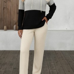 Kadın Uzun Kollu Kapşonlu Bağcıklı Blok Renkli şardonlu Kaşkorse Bluz Ve Pantolon Ikili Takım , 28614