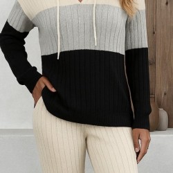 Kadın Uzun Kollu Kapşonlu Bağcıklı Blok Renkli şardonlu Kaşkorse Bluz Ve Pantolon Ikili Takım , 28614