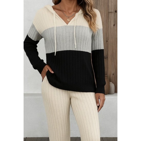 Kadın Uzun Kollu Kapşonlu Bağcıklı Blok Renkli şardonlu Kaşkorse Bluz Ve Pantolon Ikili Takım , 28614 Kadın Uzun Kollu Kapşonlu Bağcıklı Blok Renkli şardonlu Kaşkorse Bluz Ve Pantolon Ikili Takım , 28614