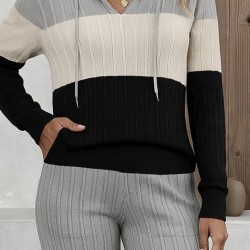 Kadın Uzun Kollu Kapşonlu Bağcıklı Blok Renkli şardonlu Kaşkorse Bluz Ve Pantolon Ikili Takım , 28613