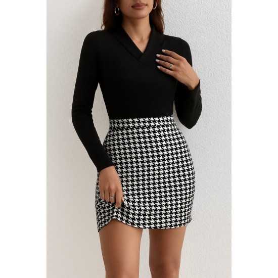 Kadın Uzun Kollu V Yakalı Kaz Ayağı Desenli şardonlu Dalgıç Elbise , 28612 Kadın Uzun Kollu V Yakalı Kaz Ayağı Desenli şardonlu Dalgıç Elbise , 28612