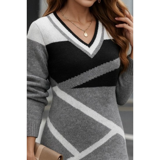 Kadın Uzun Kollu V Yakalı Kısa Triko Elbise , 28611 Kadın Uzun Kollu V Yakalı Kısa Triko Elbise , 28611