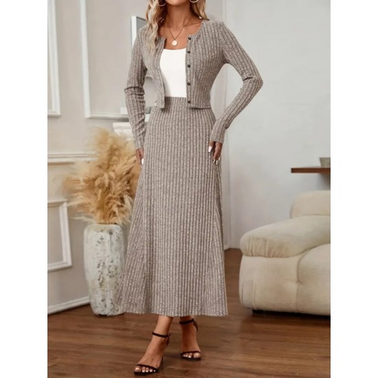 Kadın Uzun Kollu önden Düğmeli Bluz Ve Yüksek Bel A Kesim Uzun Etek şardonlu Kaşkorse Ikili Takım , 28604