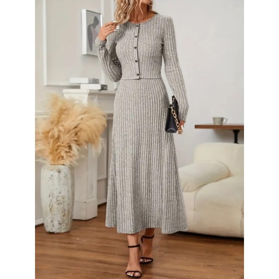 Kadın Uzun Kollu önden Düğmeli Bluz Ve Yüksek Bel A Kesim Uzun Etek şardonlu Kaşkorse Ikili Takım , 28603