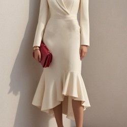 Kadın Uzun Kollu Yakalı Belden Oturtmalı Midi Ithal Krep Elbise, 28659