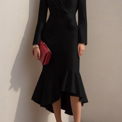 Kadın Uzun Kollu Yakalı Belden Oturtmalı Midi Ithal Krep Elbise, 28658