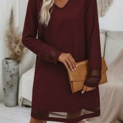 Kadın Uzun Kollu V Yakalı Tül şerit Detaylı Mini Krep Elbise, 28655