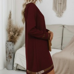 Kadın Uzun Kollu V Yakalı Tül şerit Detaylı Mini Krep Elbise, 28655