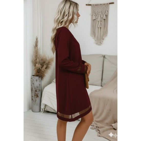 Kadın Uzun Kollu V Yakalı Tül şerit Detaylı Mini Krep Elbise, 28655 Kadın Uzun Kollu V Yakalı Tül şerit Detaylı Mini Krep Elbise, 28655