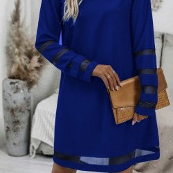 Kadın Uzun Kollu V Yakalı Tül şerit Detaylı Mini Krep Elbise, 28654