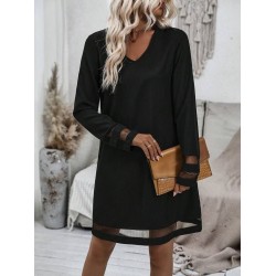 Kadın Uzun Kollu V Yakalı Tül şerit Detaylı Mini Krep Elbise, 28653 Kadın Uzun Kollu V Yakalı Tül şerit Detaylı Mini Krep Elbise, 28653