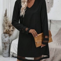 Kadın Uzun Kollu V Yakalı Tül şerit Detaylı Mini Krep Elbise, 28653