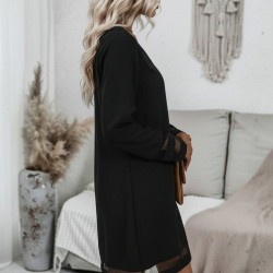 Kadın Uzun Kollu V Yakalı Tül şerit Detaylı Mini Krep Elbise, 28653