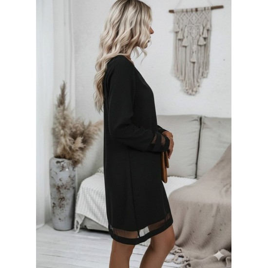 Kadın Uzun Kollu V Yakalı Tül şerit Detaylı Mini Krep Elbise, 28653 Kadın Uzun Kollu V Yakalı Tül şerit Detaylı Mini Krep Elbise, 28653