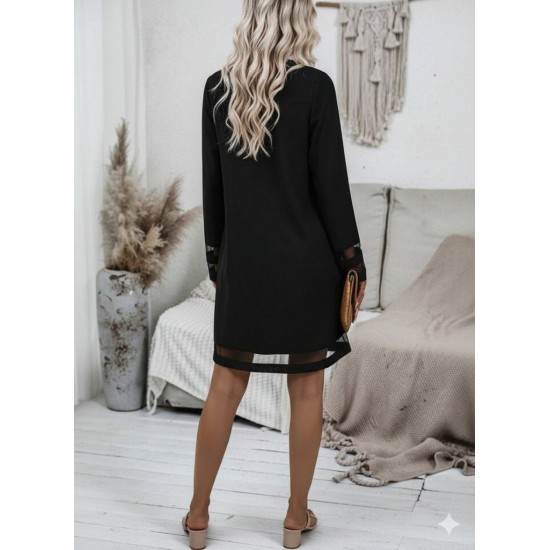 Kadın Uzun Kollu V Yakalı Tül şerit Detaylı Mini Krep Elbise, 28653 Kadın Uzun Kollu V Yakalı Tül şerit Detaylı Mini Krep Elbise, 28653