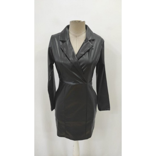 Kadın Uzun Kollu Yakalı Mini Deri Elbise, 28662 Kadın Uzun Kollu Yakalı Mini Deri Elbise, 28662