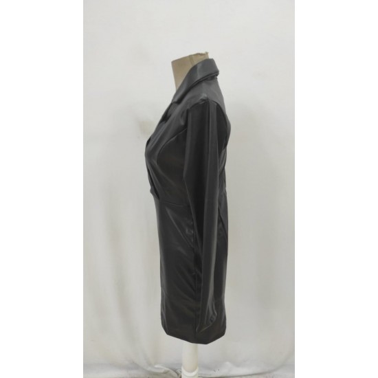 Kadın Uzun Kollu Yakalı Mini Deri Elbise, 28662 Kadın Uzun Kollu Yakalı Mini Deri Elbise, 28662