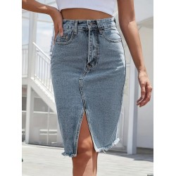 Kadın Elastik Bel Yırtık Kenar Detaylı Kot Etek, 28674 Kadın Elastik Bel Yırtık Kenar Detaylı Kot Etek, 28674