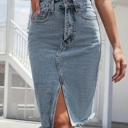 Kadın Elastik Bel Yırtık Kenar Detaylı Kot Etek, 28674 Kadın Elastik Bel Yırtık Kenar Detaylı Kot Etek, 28674