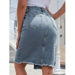 Kadın Elastik Bel Yırtık Kenar Detaylı Kot Etek, 28674 Kadın Elastik Bel Yırtık Kenar Detaylı Kot Etek, 28674