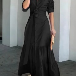 Kadın Uzun Kollu Eteği Fırfırlı Beli Kuşaklı Trikoton Tam Boy Gömlek Elbise , 28673