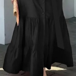 Kadın Uzun Kollu Eteği Fırfırlı Beli Kuşaklı Trikoton Tam Boy Gömlek Elbise , 28673