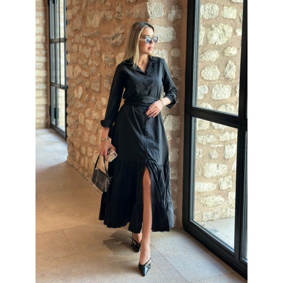 Kadın Uzun Kollu Eteği Fırfırlı Beli Kuşaklı Trikoton Tam Boy Gömlek Elbise , 28673 Kadın Uzun Kollu Eteği Fırfırlı Beli Kuşaklı Trikoton Tam Boy Gömlek Elbise , 28673