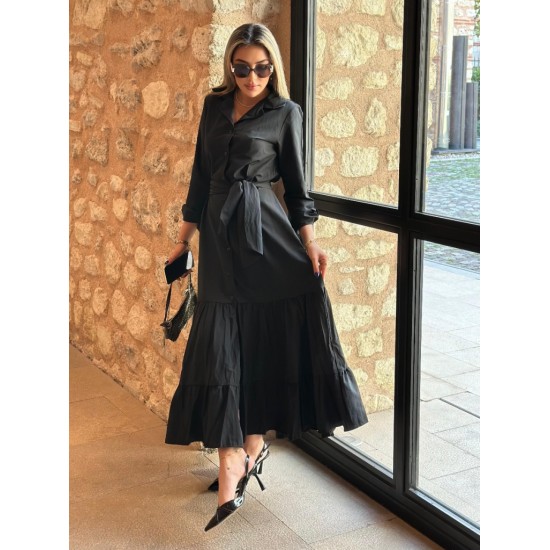 Kadın Uzun Kollu Eteği Fırfırlı Beli Kuşaklı Trikoton Tam Boy Gömlek Elbise , 28673 Kadın Uzun Kollu Eteği Fırfırlı Beli Kuşaklı Trikoton Tam Boy Gömlek Elbise , 28673