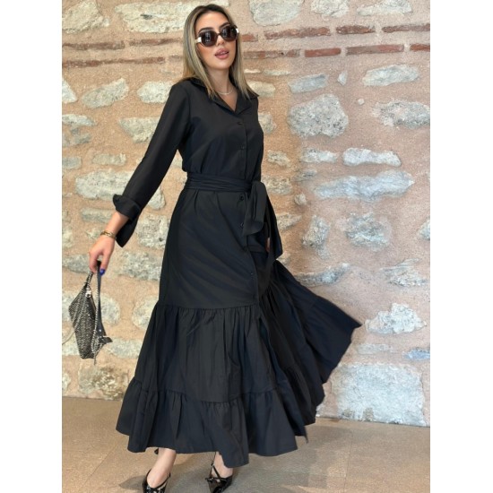 Kadın Uzun Kollu Eteği Fırfırlı Beli Kuşaklı Trikoton Tam Boy Gömlek Elbise , 28673 Kadın Uzun Kollu Eteği Fırfırlı Beli Kuşaklı Trikoton Tam Boy Gömlek Elbise , 28673