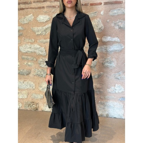 Kadın Uzun Kollu Eteği Fırfırlı Beli Kuşaklı Trikoton Tam Boy Gömlek Elbise , 28673 Kadın Uzun Kollu Eteği Fırfırlı Beli Kuşaklı Trikoton Tam Boy Gömlek Elbise , 28673