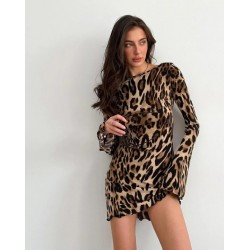 Kadın Uzun Kollu Sırtı Açık Bağlamalı Leopar Desenli Kısa Dalgıç Elbise, 28664 Kadın Uzun Kollu Sırtı Açık Bağlamalı Leopar Desenli Kısa Dalgıç Elbise, 28664