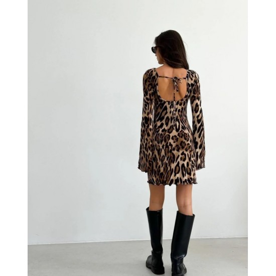 Kadın Uzun Kollu Sırtı Açık Bağlamalı Leopar Desenli Kısa Dalgıç Elbise, 28664 Kadın Uzun Kollu Sırtı Açık Bağlamalı Leopar Desenli Kısa Dalgıç Elbise, 28664