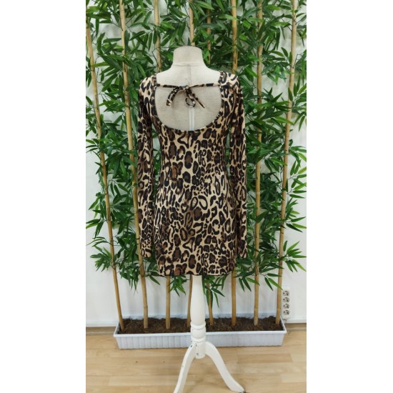 Kadın Uzun Kollu Sırtı Açık Bağlamalı Leopar Desenli Kısa Dalgıç Elbise, 28664 Kadın Uzun Kollu Sırtı Açık Bağlamalı Leopar Desenli Kısa Dalgıç Elbise, 28664