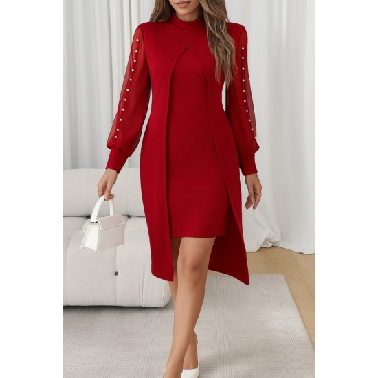 Kadın Uzun Kollu Yarı Balıkçı Yaka Tül Ve Inci Detaylı Kısa Ithal Krep Midi Elbise , 28704 Kadın Uzun Kollu Yarı Balıkçı Yaka Tül Ve Inci Detaylı Kısa Ithal Krep Midi Elbise , 28704