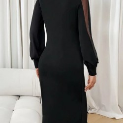 Kadın Uzun Kollu Yarı Balıkçı Yaka Tül Ve Inci Detaylı Kısa Ithal Krep Midi Elbise , 28703 Kadın Uzun Kollu Yarı Balıkçı Yaka Tül Ve Inci Detaylı Kısa Ithal Krep Midi Elbise , 28703