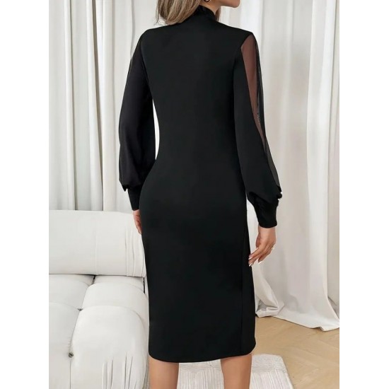 Kadın Uzun Kollu Yarı Balıkçı Yaka Tül Ve Inci Detaylı Kısa Ithal Krep Midi Elbise , 28703 Kadın Uzun Kollu Yarı Balıkçı Yaka Tül Ve Inci Detaylı Kısa Ithal Krep Midi Elbise , 28703