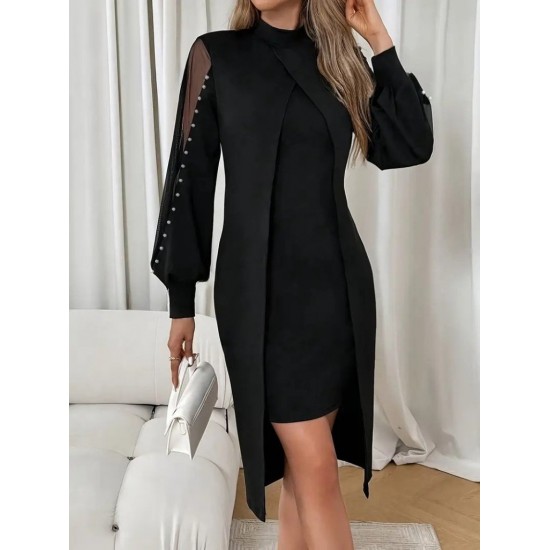 Kadın Uzun Kollu Yarı Balıkçı Yaka Tül Ve Inci Detaylı Kısa Ithal Krep Midi Elbise , 28703 Kadın Uzun Kollu Yarı Balıkçı Yaka Tül Ve Inci Detaylı Kısa Ithal Krep Midi Elbise , 28703