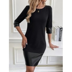 Kadın Uzun Kollu Bisiklet Yaka Deri Detaylı Ithal Krep Elbise , 28702 Kadın Uzun Kollu Bisiklet Yaka Deri Detaylı Ithal Krep Elbise , 28702