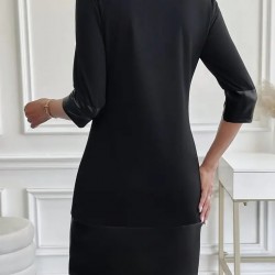 Kadın Uzun Kollu Bisiklet Yaka Deri Detaylı Ithal Krep Elbise , 28702