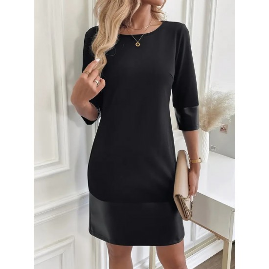 Kadın Uzun Kollu Bisiklet Yaka Deri Detaylı Ithal Krep Elbise , 28702 Kadın Uzun Kollu Bisiklet Yaka Deri Detaylı Ithal Krep Elbise , 28702