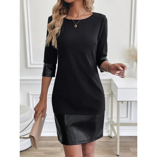 Kadın Uzun Kollu Bisiklet Yaka Deri Detaylı Ithal Krep Elbise , 28702 Kadın Uzun Kollu Bisiklet Yaka Deri Detaylı Ithal Krep Elbise , 28702