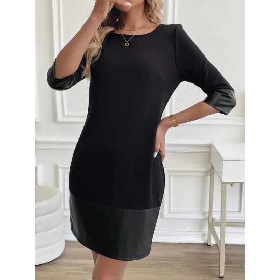 Kadın Uzun Kollu Bisiklet Yaka Deri Detaylı Ithal Krep Elbise , 28702 Kadın Uzun Kollu Bisiklet Yaka Deri Detaylı Ithal Krep Elbise , 28702