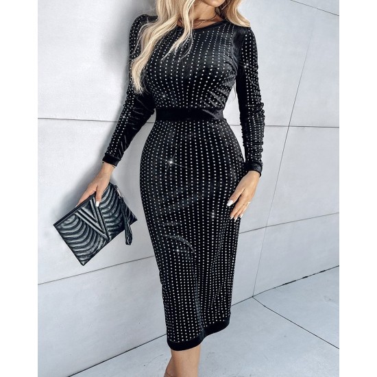 Kadın Uzun Kollu Bisiklet Yaka Taşlı Midi Kadife Elbise , 28707 Kadın Uzun Kollu Bisiklet Yaka Taşlı Midi Kadife Elbise , 28707