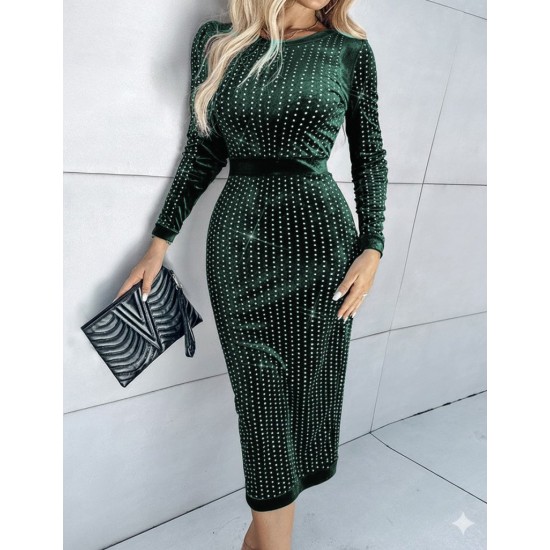 Kadın Uzun Kollu Bisiklet Yaka Taşlı Midi Kadife Elbise , 28705 Kadın Uzun Kollu Bisiklet Yaka Taşlı Midi Kadife Elbise , 28705