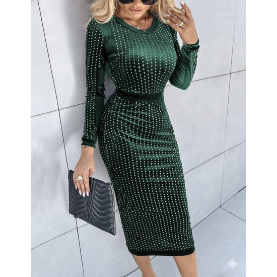 Kadın Uzun Kollu Bisiklet Yaka Taşlı Midi Kadife Elbise , 28705 Kadın Uzun Kollu Bisiklet Yaka Taşlı Midi Kadife Elbise , 28705