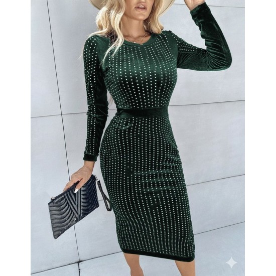 Kadın Uzun Kollu Bisiklet Yaka Taşlı Midi Kadife Elbise , 28705 Kadın Uzun Kollu Bisiklet Yaka Taşlı Midi Kadife Elbise , 28705